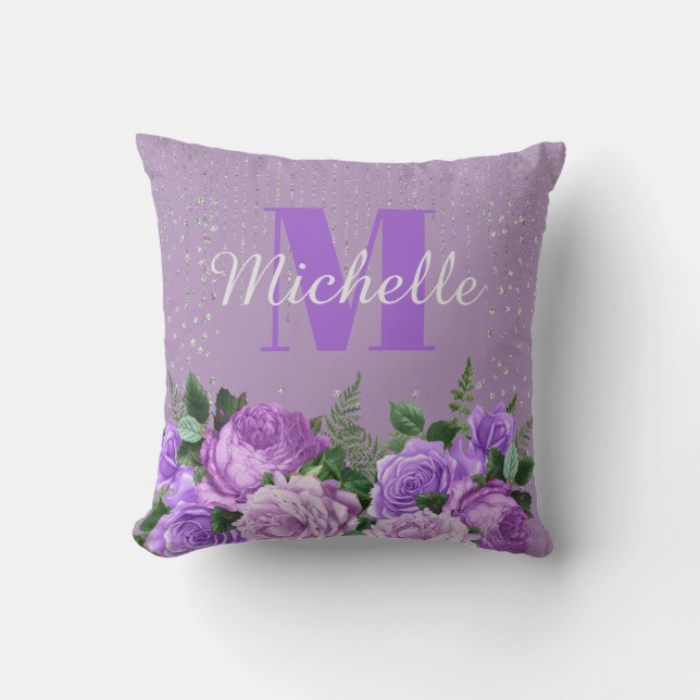 Coussin Joli violet Floral Parties scintillant argent Mono (Recto)