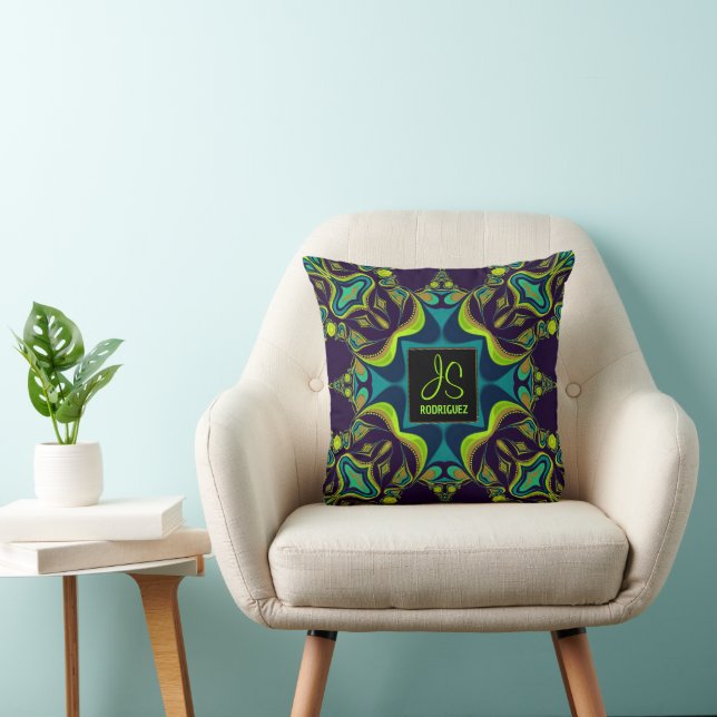 Coussin Joli violet Turquoise Monogramme vert (Chaise)