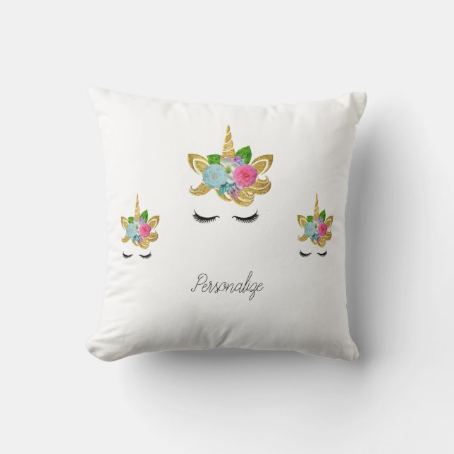 Coussin Joli visage de licorne doré scintillant (Recto)