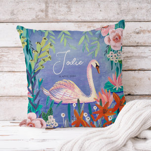 Coussin Jolie aquarelle Cygne floral Princesse Nom Jeu