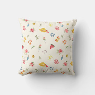Coussin Jolie aquarelle d'été : pastèque, dango et soleil