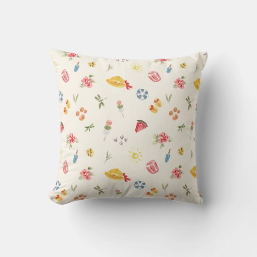 Coussin Jolie aquarelle d'été : pastèque, dango et soleil (Recto)