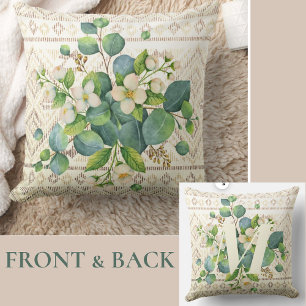 Coussin Jolie aquarelle Fleurs sauvages Monogramme ivoire