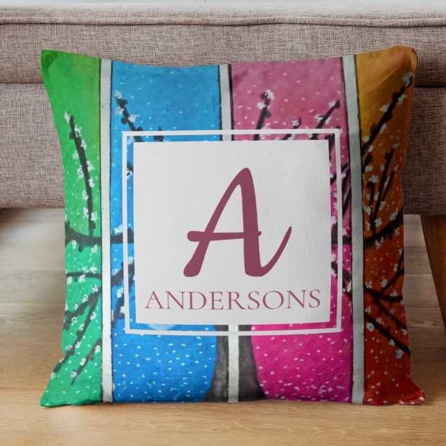 Coussin Jolie Bleu Vert Orange Rose Clair | Monogramme (Pretty Colorful Blue Green Orange Pink | Monogram Throw Pillow)