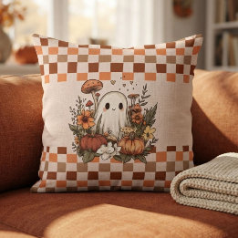 Coussin Jolie Cottagecore Fantôme Automne Halloween Damier