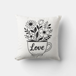 Coussin Jolie Coupe de Thé Noir avec Design de Fleurs