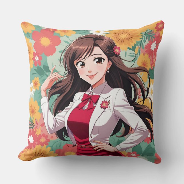 Coussin Jolie dame Anime avec Arrière - plan Floral imprim (Recto)