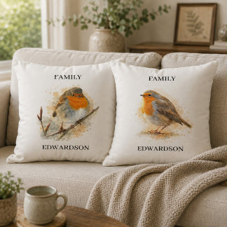Coussin Jolie famille monogramme oiseau rougeau aquarelle