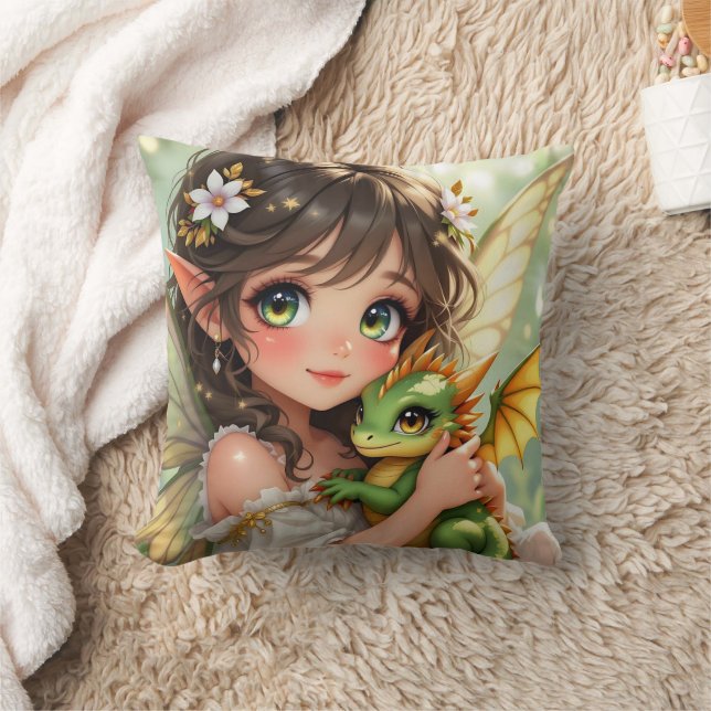 Coussin Jolie fée d'anime et dragon Chibi  (Couverture)