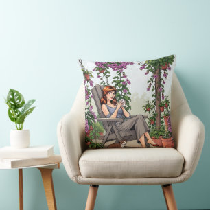 Coussin Jolie femme buvant du café, son chien et Plantes