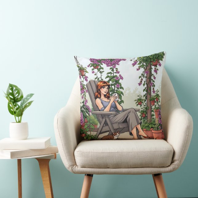 Coussin Jolie femme buvant du café, son chien et Plantes (Chaise)