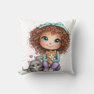 Coussin Jolie Fille avec Chatons Kawaii Art Douillet