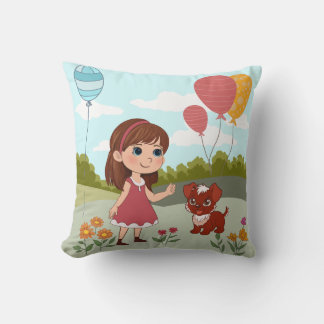 Coussin Jolie Fille avec Chien & Ballons 