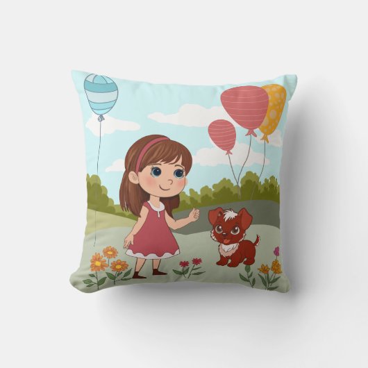 Coussin Jolie Fille avec Chien & Ballons (Recto)
