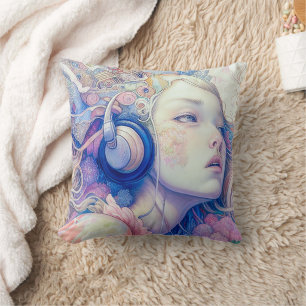 Coussin Jolie Fille avec Musique de Casque Écouteurs Art M
