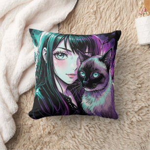 Coussin Jolie Fille d'Anime et Chat Siamois