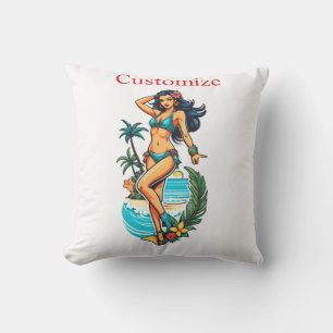 Coussin Jolie fille de plage en bikini aux cheveux noirs T