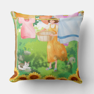 Coussin Jolie Fille Étendant du Linge dans un Jardin de To