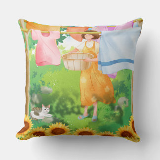 Coussin Jolie Fille Étendant du Linge dans un Jardin de To