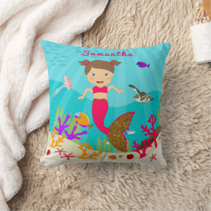 Coussin Jolie Fille Sirène dans un Océan Coloré