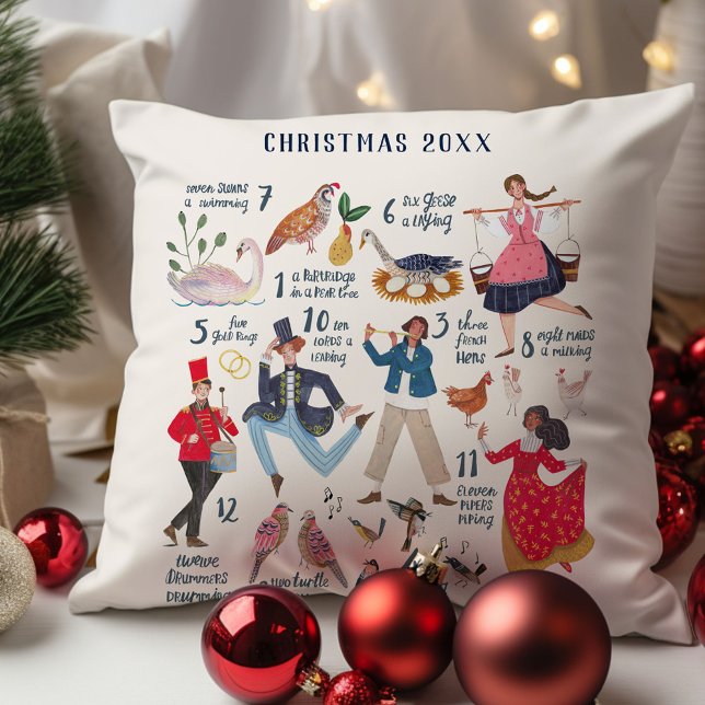 Coussin Jolie illustration classique des 12 jours de Noël (12 Days of Christmas custom year traditional classic illustration holiday throw pillow decor.)