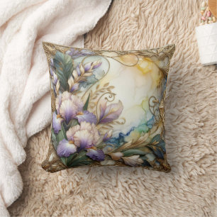 Coussin Jolie Lavande Iris Fleurs avec Défilement Or
