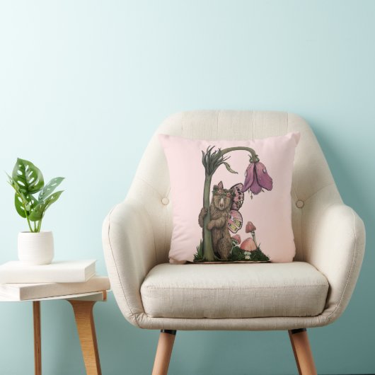 Coussin Jolie Ourse Brun Gris Rose Fée dans la Forêt Encha (Chaise)