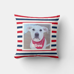 Coussin Jolie Photo De Chien Rouge Blanc Et Bleu À Rayures