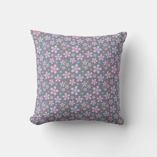Coussin Jolie rose et gris floral (Recto)