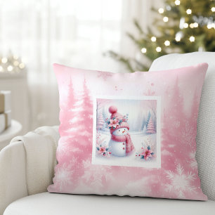 Coussin Jolie scène hivernale de bonhomme de neige rose po