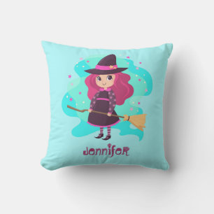 Coussin Jolie sorcière d'Halloween avec balai et étoiles