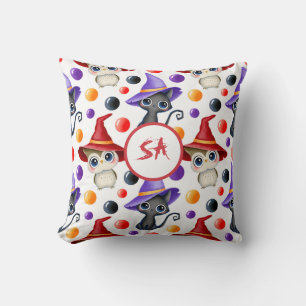 Coussin Jolie sorcière d'Halloween Chat et Hibou Rouge Vio