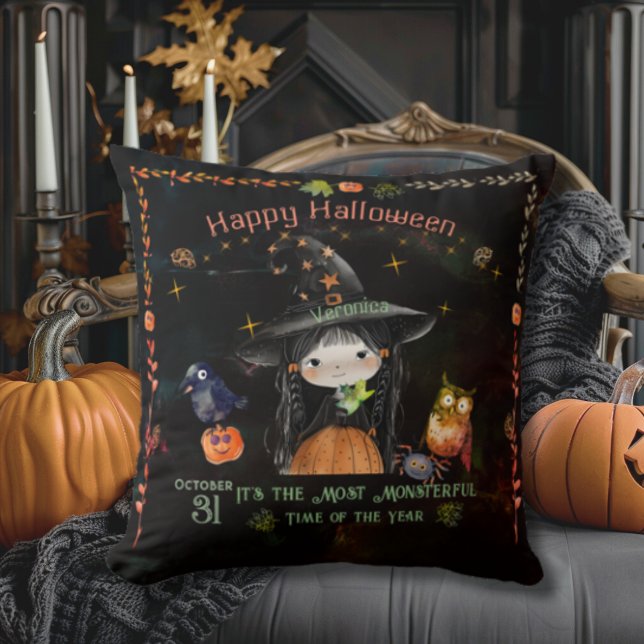 Coussin Jolie Sorcière Halloween Noir (Cute Halloween Witch Black Throw Pillow)