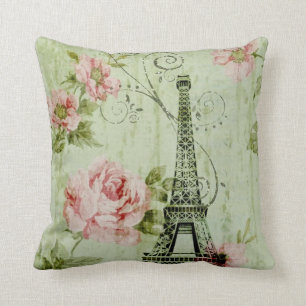 Coussin jolie tour de paris fleurie rose à la menthe de p
