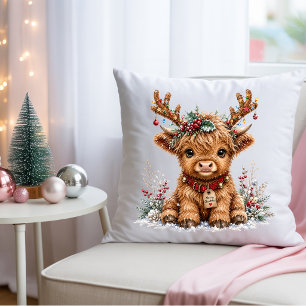 Coussin Jolie vache des Highlands de Noël avec des bois fe