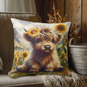 Coussin Jolie Vache Highland Aux Tournesols