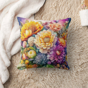 Coussin Jolies fleurs d'art IA aquarelle colorées