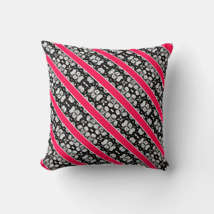 Coussin Jolies fleurs roses noires et blanches rayées