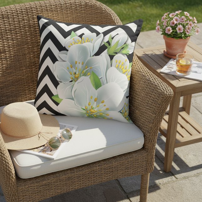 Coussin Jolies Fleurs Sur Motif Zigzag Noir Et Blanc (Créateur téléchargé)