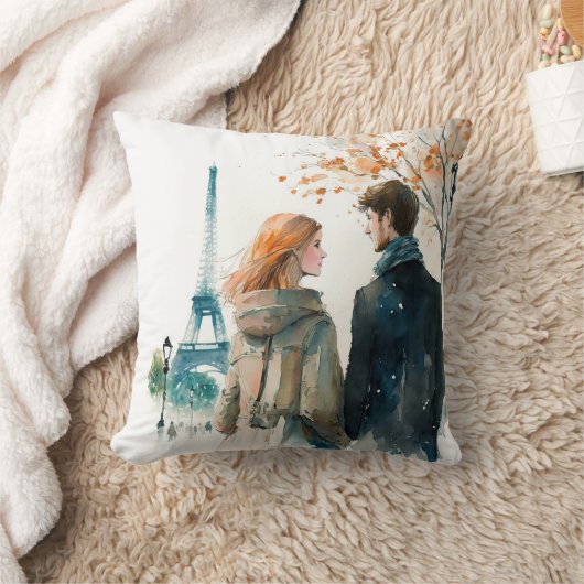 Coussin Jolis couples romantiques à l'aquarelle à Paris  (Couverture)