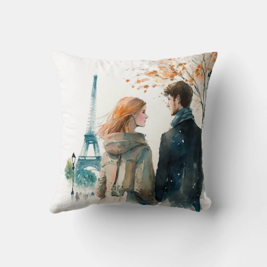Coussin Jolis couples romantiques à l'aquarelle à Paris  (Verso)