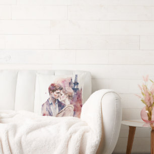 Coussin Jolis couples romantiques à l'aquarelle à Paris  j