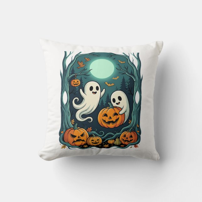 Coussin Jolis fantômes d'Halloween et forêt de citrouilles (Recto)