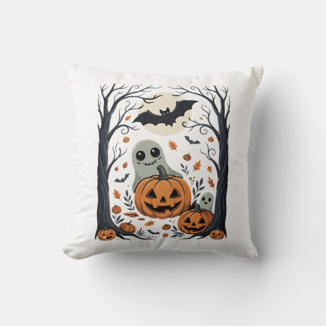 Coussin Jolis fantômes d'Halloween et forêt de citrouilles (Recto)