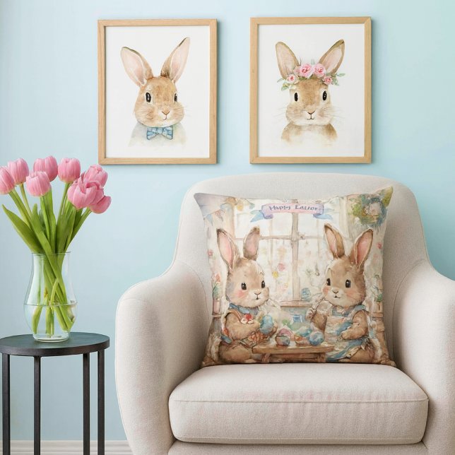 Coussin Jolis lapins et œufs de Pâques  (Whimsical Easter pillow—perfect spring gift for bunny lovers, decorators, and cozy home vibes.)