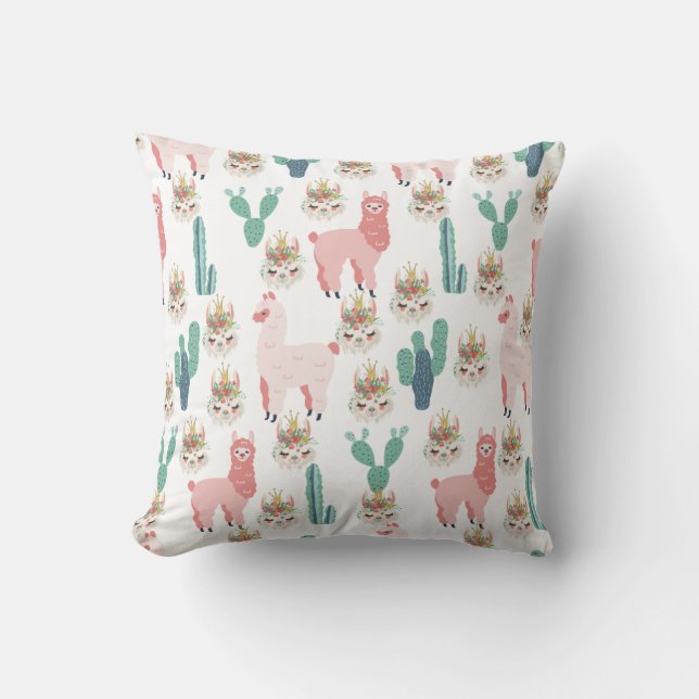Coussin Jolis Llamas roses et Cactus vert (Recto)