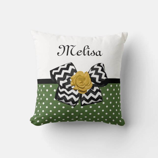Coussin Jolis points verts Rose jaune Chevron Nœud et nom (Recto)