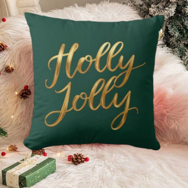 Coussin Jolly de Holly Vert foncé - Décor de vacances de S (Dark Green Holly Jolly - Gold Script Holiday Decor Throw Pillow)
