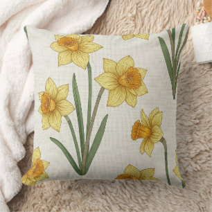 Coussin Jonquille Florale de Printemps en Jaune et Vert Cl