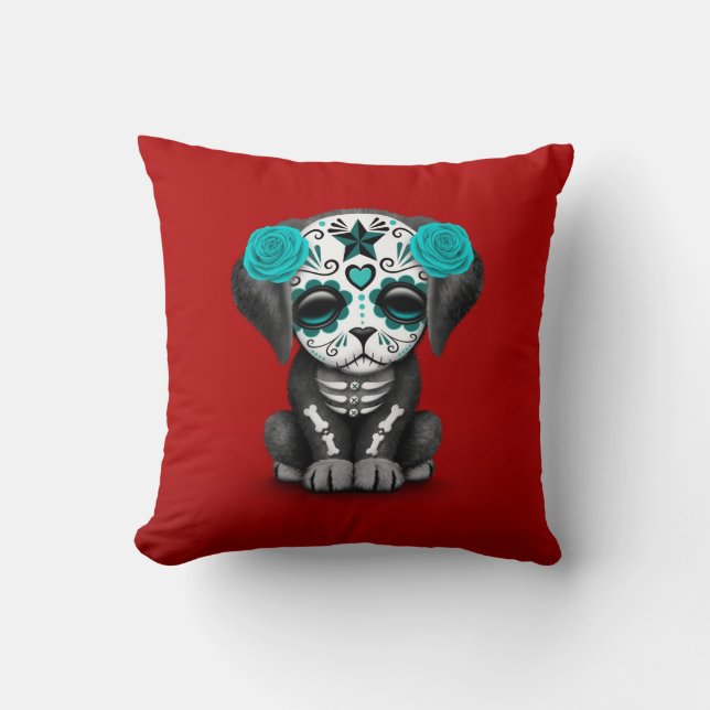 Coussin Jour bleu mignon du rouge mort de chiot (Recto)
